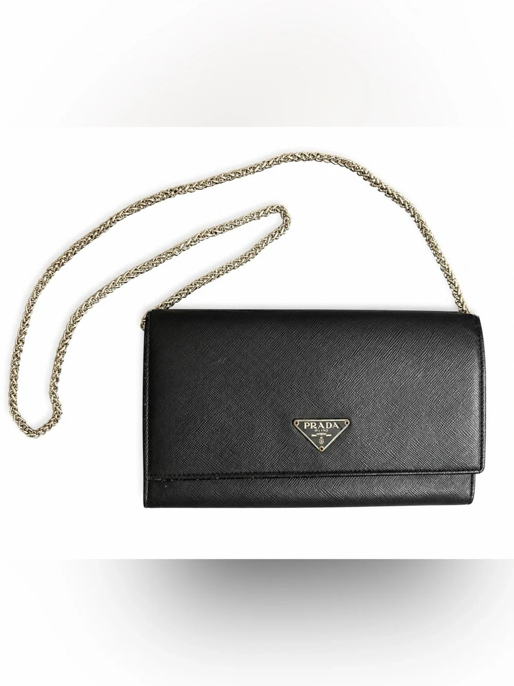 Authentic Prada Black Saffiano Leather Wallet with unbranded Silver Chain